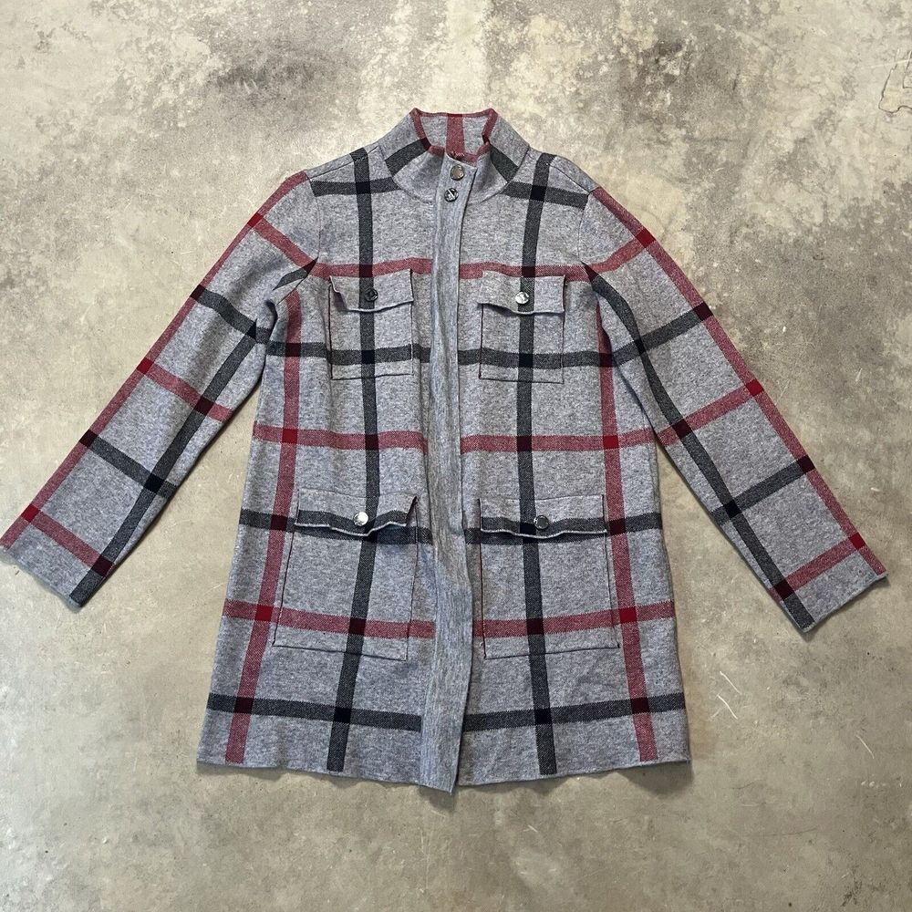 Anne Klein Sweater Womens Medium Full Zip Heather Gray Plaid Pockets